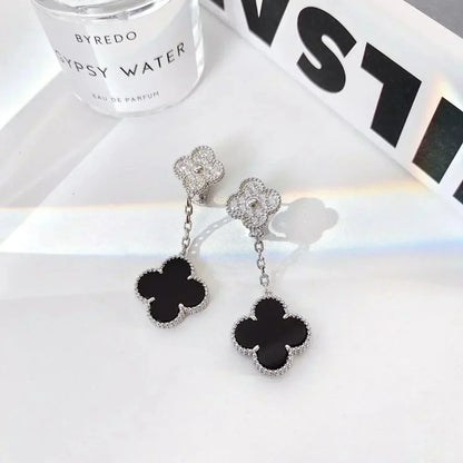 [AuraEcho]CLOVER 2 MOTIFS  DIAMOND ONYX EARRINGS SILVER