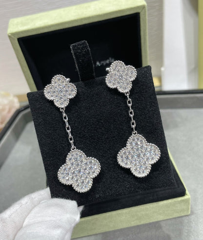[AuraEcho]CLOVER 2 MOTIFS DIAMOND PAVED SILVER EARRINGS