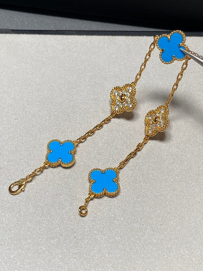 [AuraEcho]CLOVER 5 MOTIF BLUE CHALCEDONY DIAMOND GOLD BRACELET
