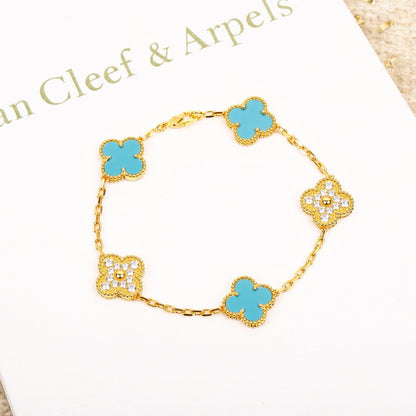 [AuraEcho]CLOVER 5 MOTIF TURQUOISE DIAMOND GOLD BRACELET
