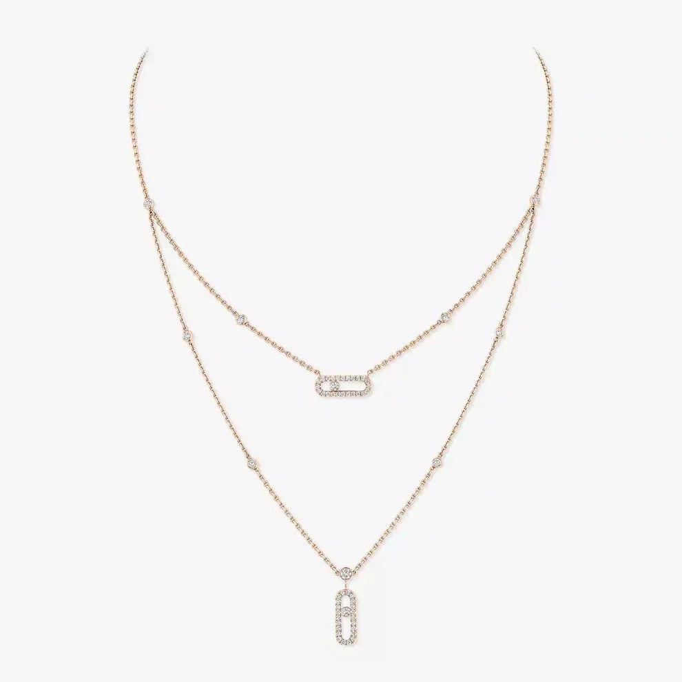 [AuraEcho]2 Rows Rose Gold Diamond Pave_ Necklace Move Uno