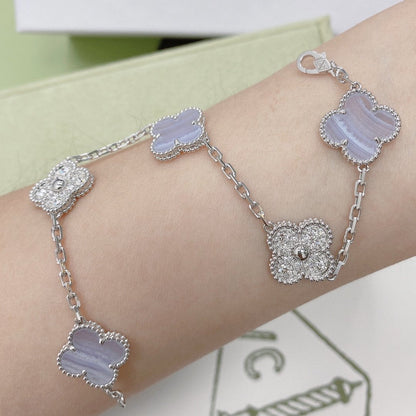 [AuraEcho]CLOVER  5 MOTIF DIAMOND PURPLE CHALCEDONY BRACELET SILVER