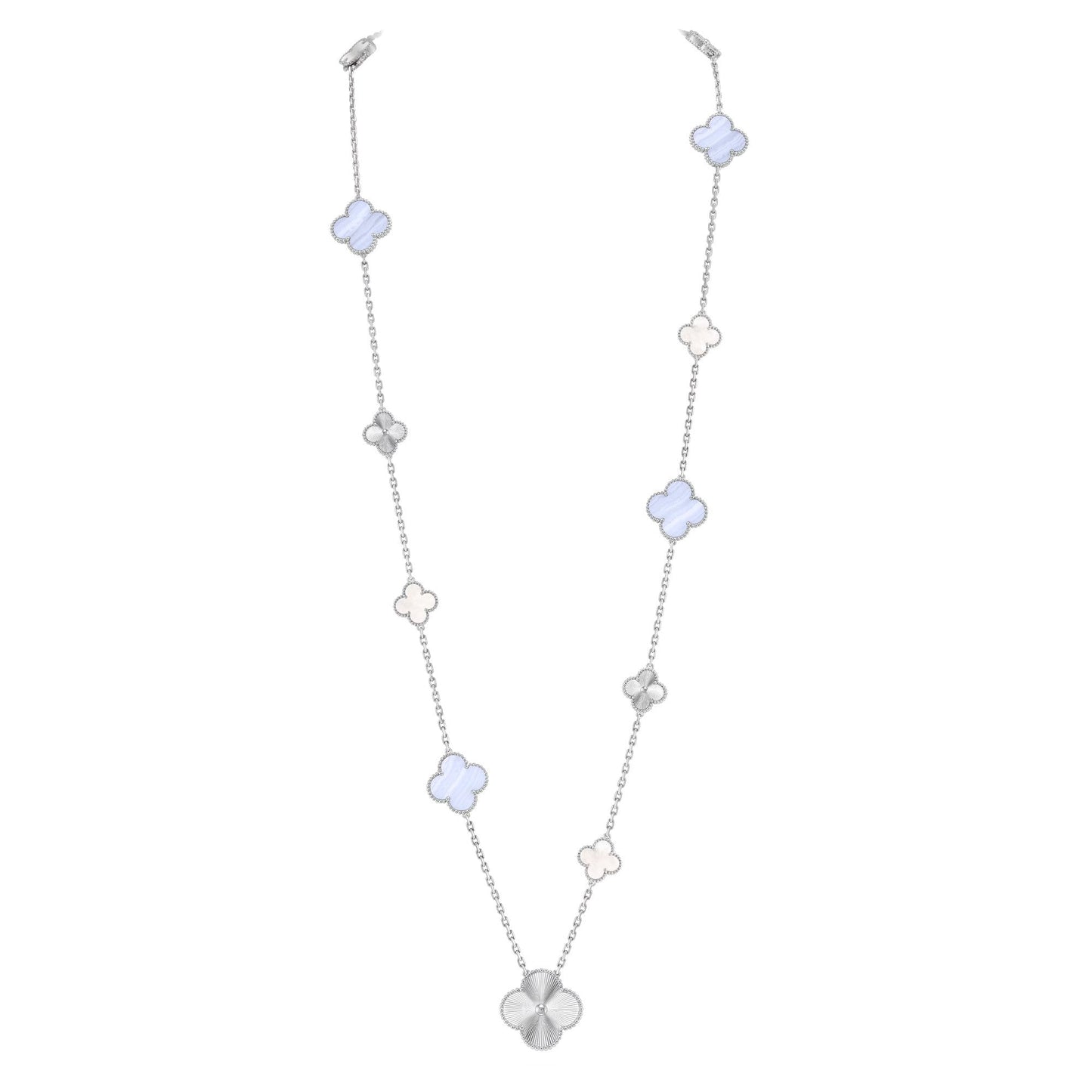 [Auraecho]DETACHABLE CLOVER 15(11+4) FLOWER SILVER NECKLACE SET