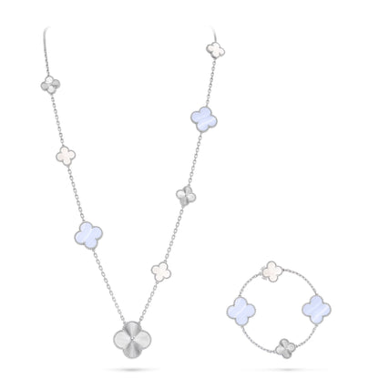 [Auraecho]DETACHABLE CLOVER 15(11+4) FLOWER SILVER NECKLACE SET